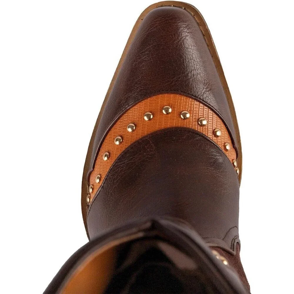 Unisex Brown Cowboot Pointed Toe Pull On Mid Calf Fashion Dress Boots